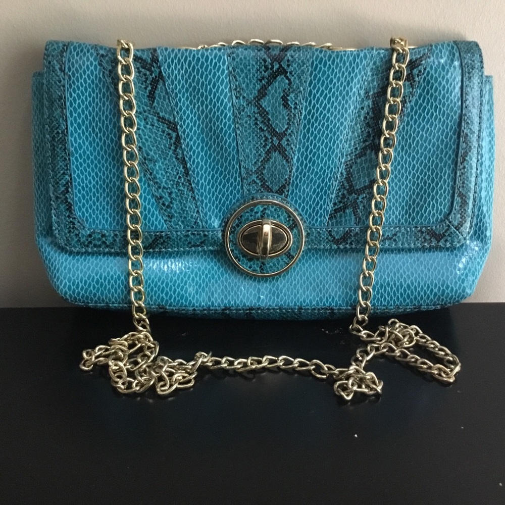 KATE LANDRY teal snakeskin clutch shoulder handbag